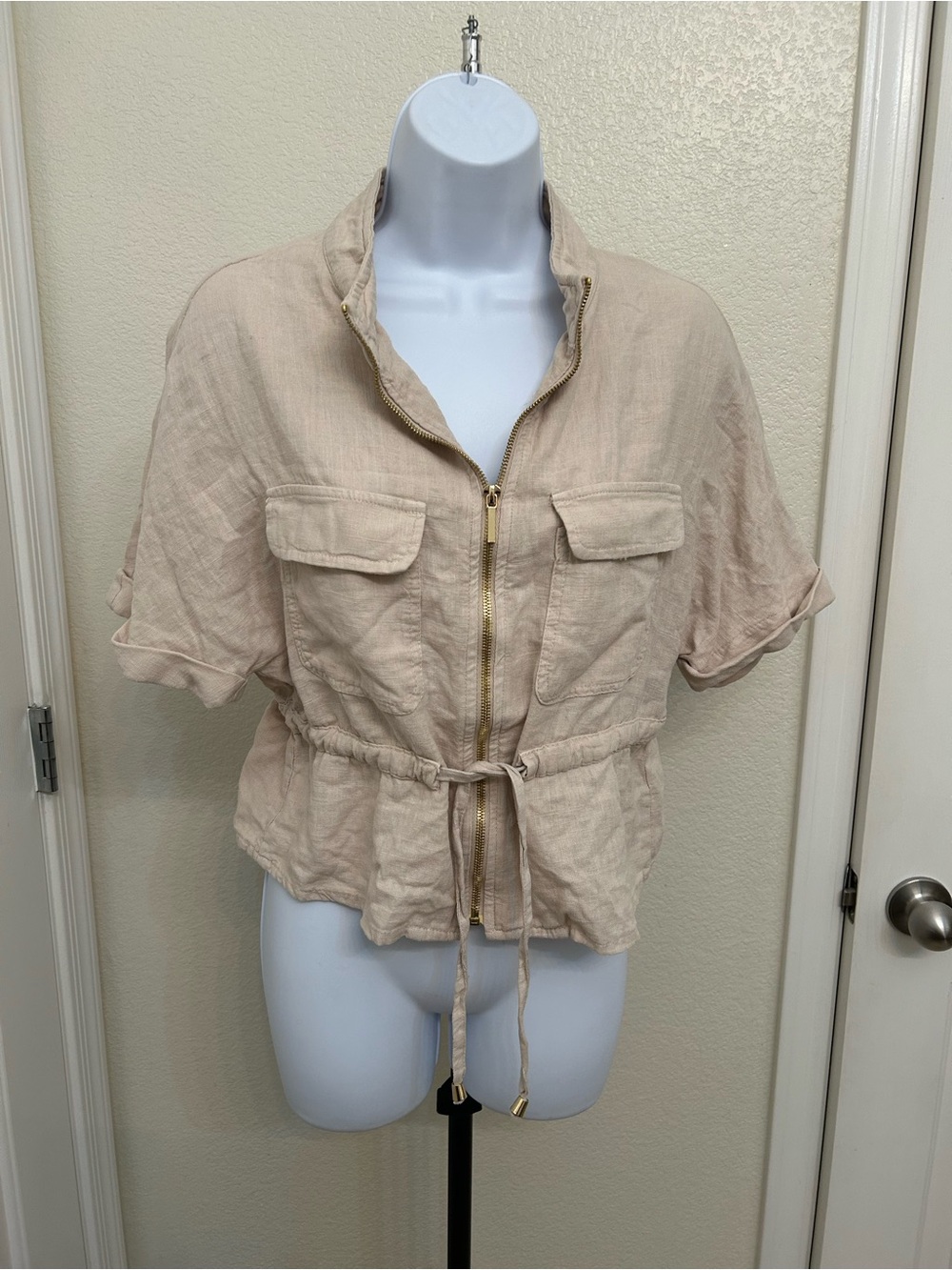 NWT Zara Light Beige Linen-Style Zip Front Short Sleeve Utility Jacket